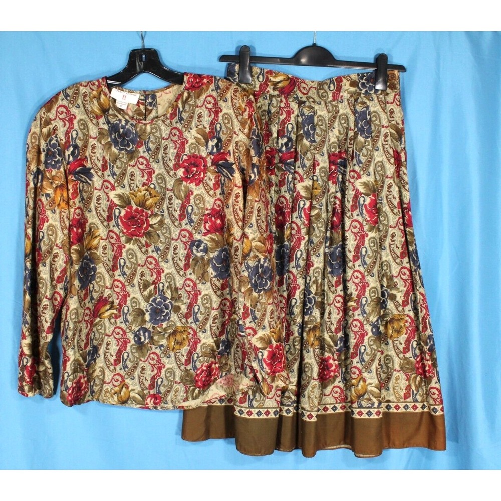 VTG CRAZY HORSE 2-Pc. TWILL Floral Print BLOUSE/PLEATED SKIRT Set Outfit Sz 12